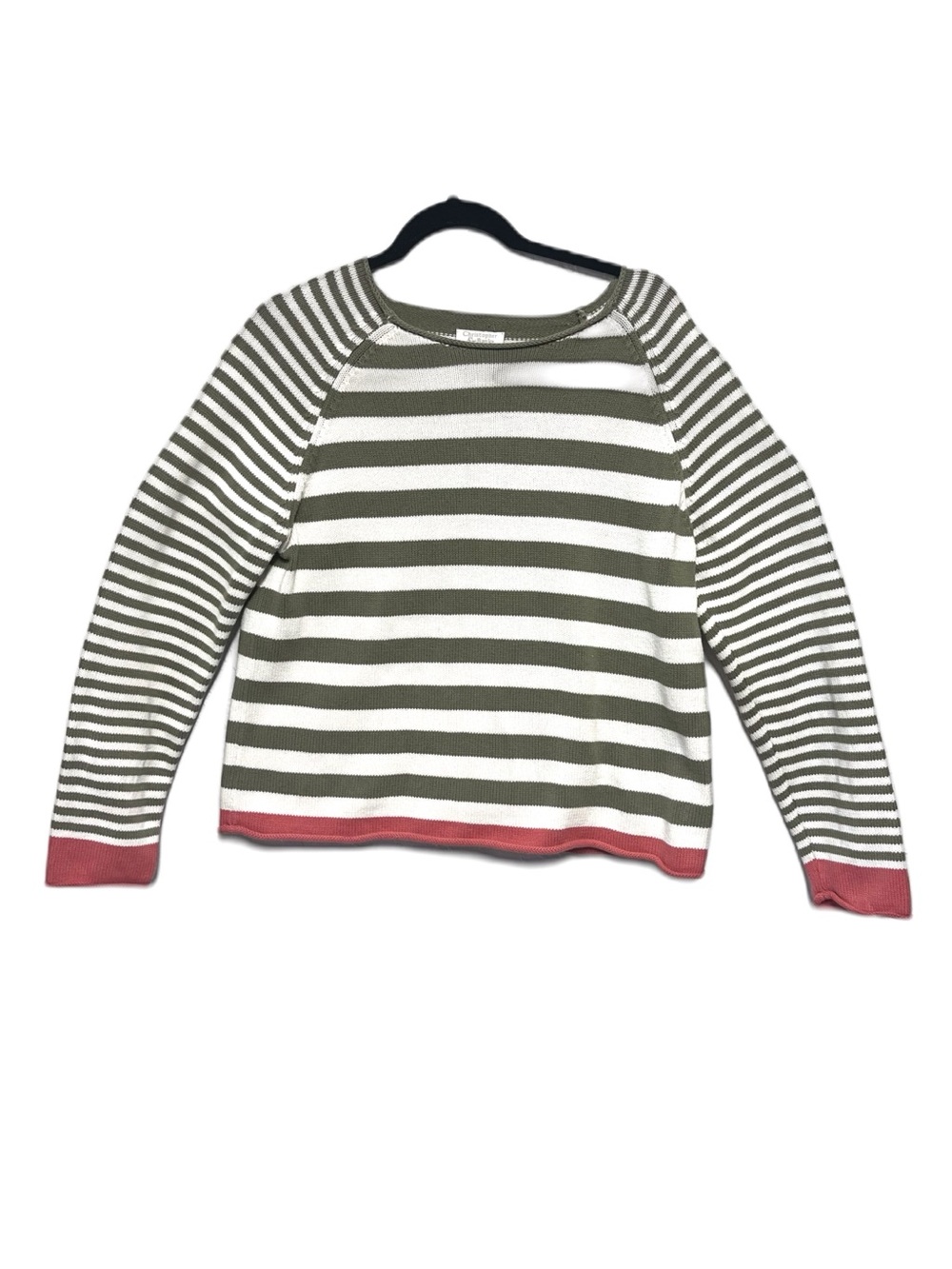Christopher & Banks Olive Green and White Striped Cotton Sweater w/ Salmon Trim